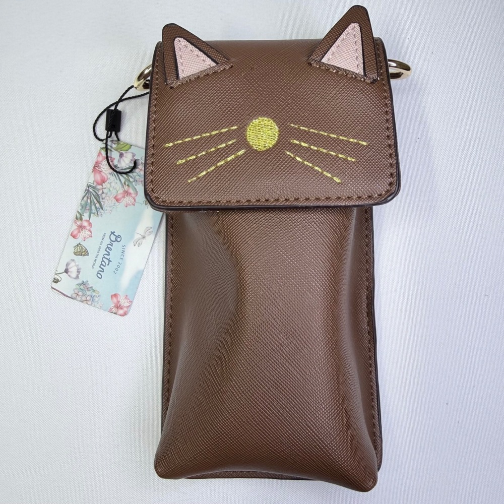 Brentano Faux Leather‎ Phone Bag Womens Brown NWT Cat Face Ears Crossbody Purse